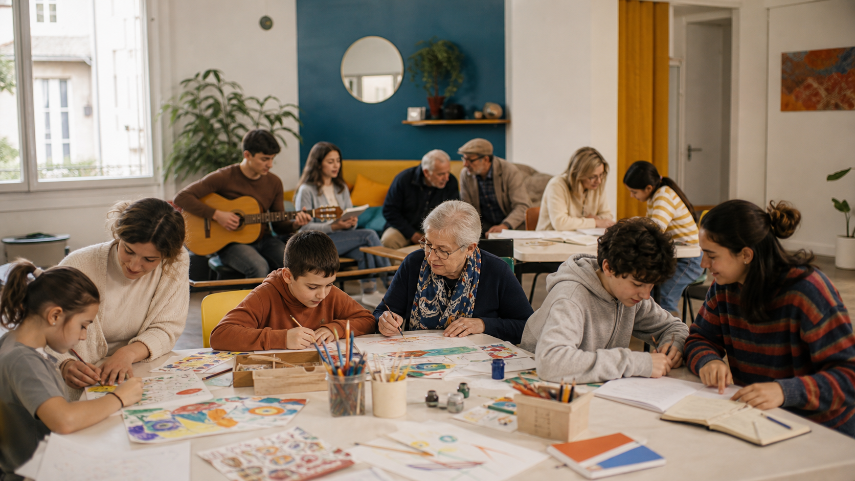 Children, young people, and older adults take part in creative and study activities in a community room.